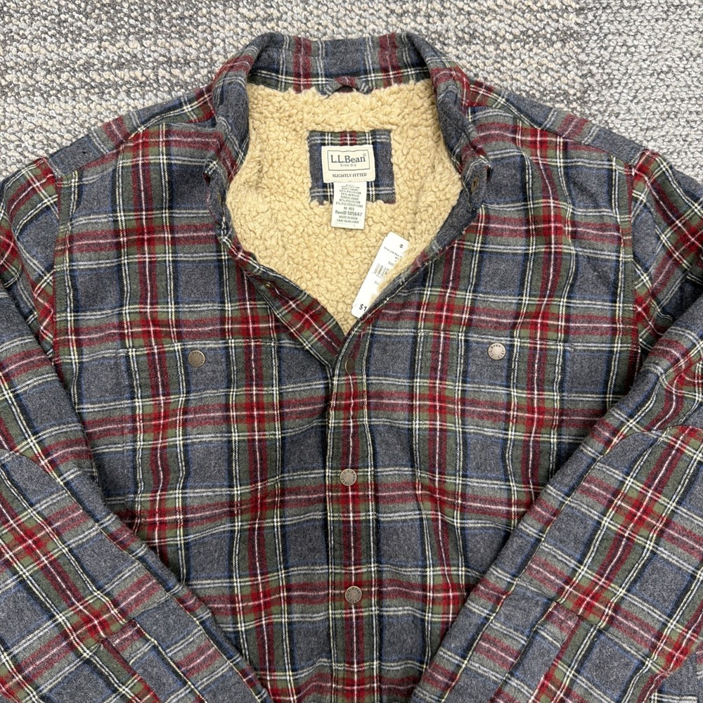 LL Bean Sherpa Lined Scotch Plaid Flannel Shirt Men's Med Red gray Grey stewart